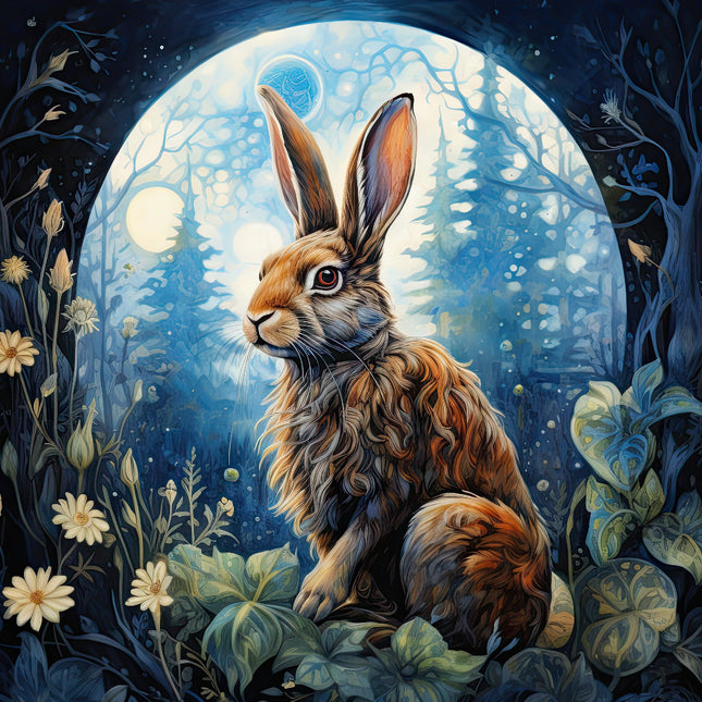 A digitally printed 100% cotton fabric panel featuring a brown rabbit sitting in a forest clearing with a full moon in the background.