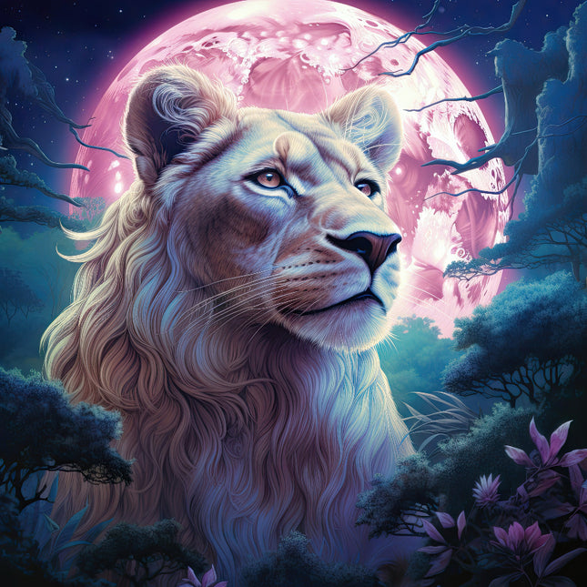 A digitally printed fabric panel featuring a lioness with a moon in the background, designed for quilting and sewing.