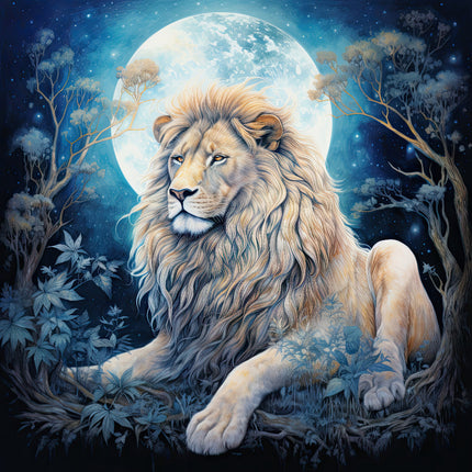 A digitally printed fabric panel featuring a reclining lion with a full moon and foliage in the background.