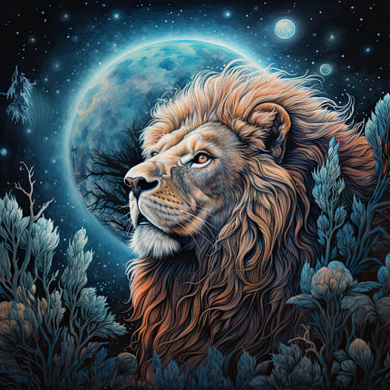 A digitally printed 100% cotton fabric panel featuring a fantasy lion with a moon in the background, designed for quilting and sewing.