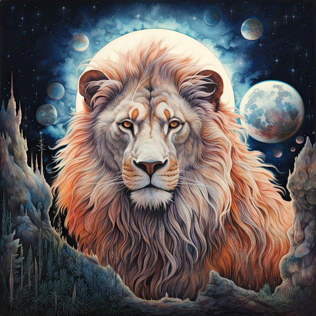 A digitally printed fabric panel featuring a realistic lion's face with a moon and stars in the background, set against a cosmic space backdrop.
