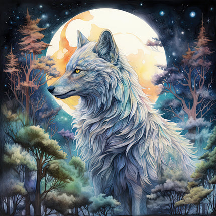 A digitally printed 100% cotton fabric panel featuring a fantasy wolf and moon design, with the wolf in the foreground and a full moon in the background.