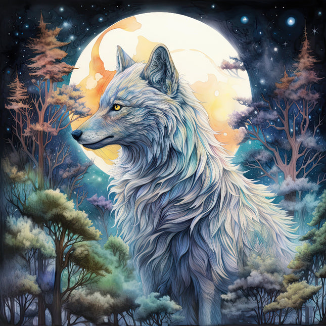 A digitally printed 100% cotton fabric panel featuring a fantasy wolf and moon design, with the wolf in the foreground and a full moon in the background.