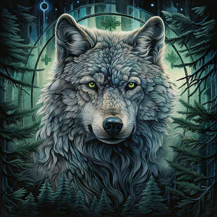 A digitally printed 100% cotton fabric panel featuring a block quilt design with a fantasy wolf motif, surrounded by a forest and night sky background.