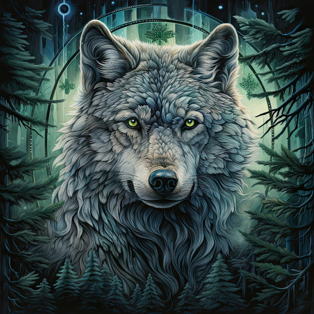 A digitally printed 100% cotton fabric panel featuring a block quilt design with a fantasy wolf motif, surrounded by a forest and night sky background.