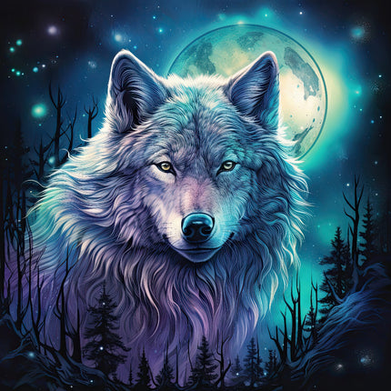 A digitally printed 100% cotton fabric panel featuring a fantasy wolf with a moon in the background.
