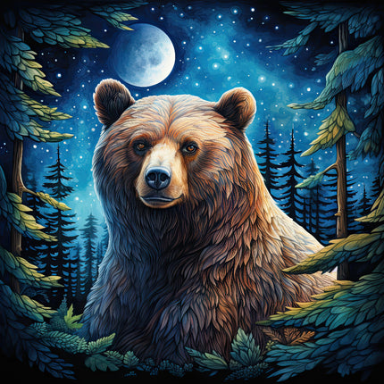 A fabric panel featuring a digitally printed brown bear in a forest at night with the moon and stars visible.