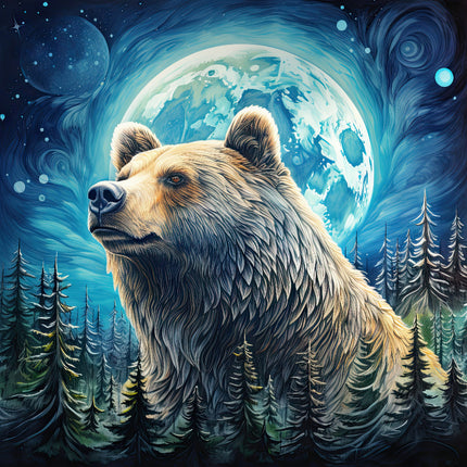 A fabric panel featuring a digitally printed image of a bear with a moon and forest background.