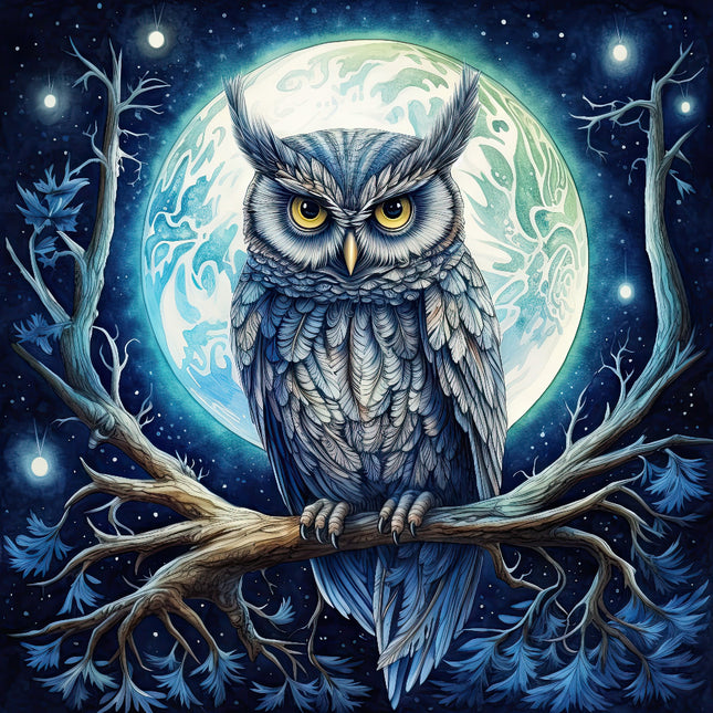 A digitally printed fabric panel featuring a realistic owl perched on a branch with a full moon and stars in the background.