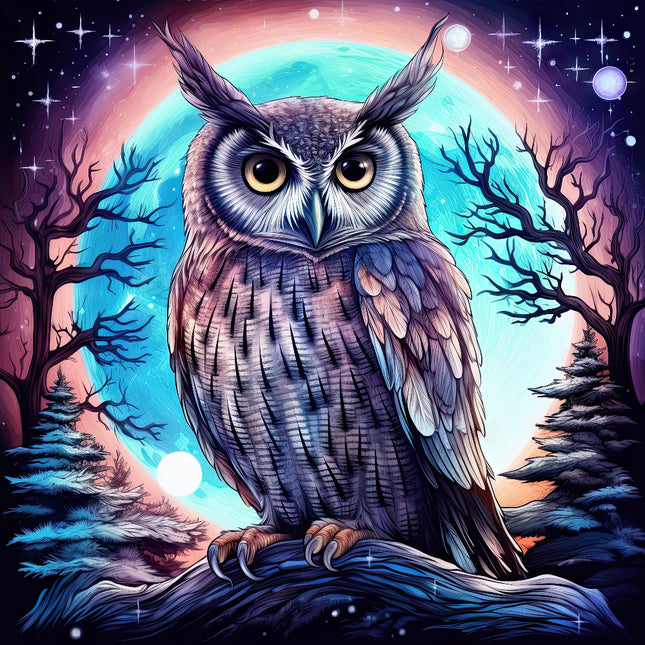 A digitally printed 100% cotton fabric panel featuring a fantasy owl with a moon and trees in the background.