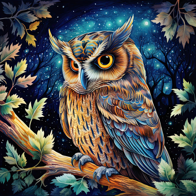 A digitally printed 100% cotton fabric panel featuring a colorful owl perched on a branch with leaves and night sky in the background.