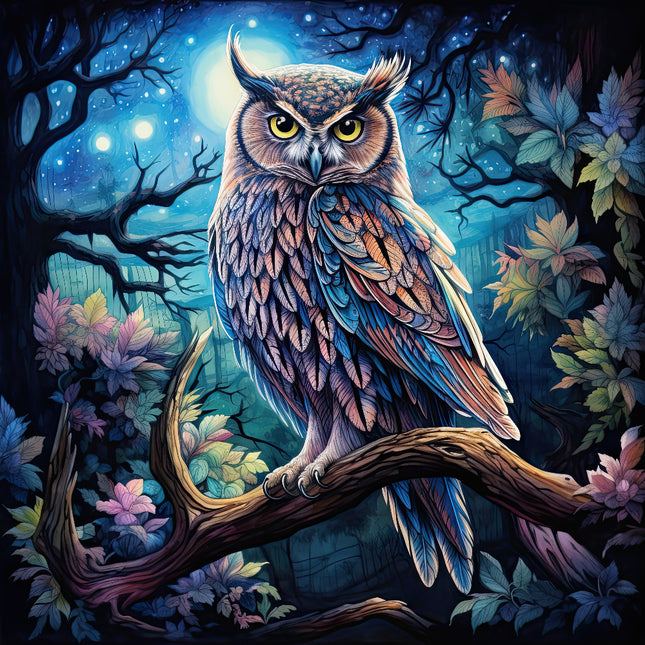 A digitally printed 100% cotton fabric panel featuring a fantasy owl with a moon and forest background.