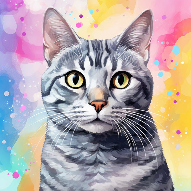 A digitally printed 100% cotton fabric panel featuring a close-up image of a tabby cat with a colorful abstract background.