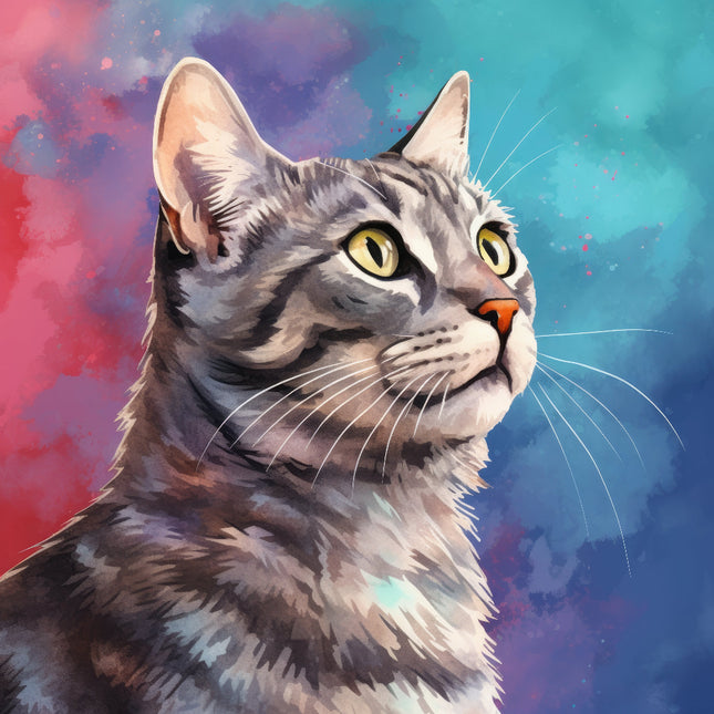 A digitally printed fabric panel featuring a close-up of a tabby cat with a colorful abstract background.