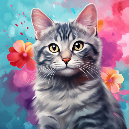 A digitally printed fabric panel featuring a tabby cat with flowers in the background.