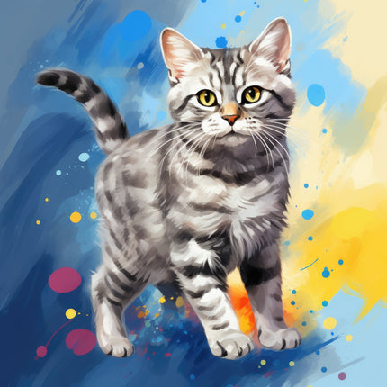 A digitally printed 100% cotton fabric panel featuring a tabby cat with a colorful abstract background.