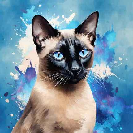 A fabric panel featuring a digitally printed image of a Siamese cat with blue splashes on a blue background.