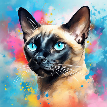 A digitally printed 100% cotton fabric panel featuring a close-up image of a Siamese cat with blue eyes, on a background with multicolored splashes.