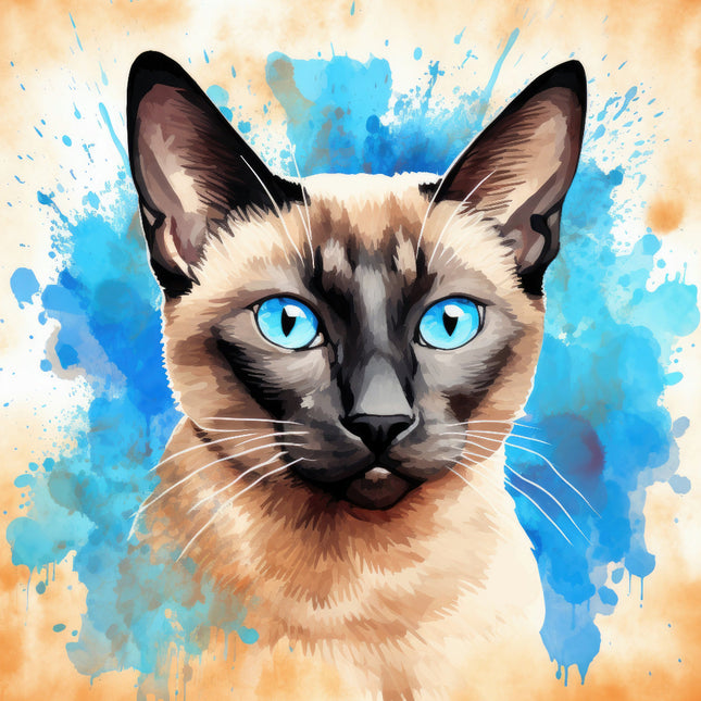 A digitally printed 100% cotton fabric panel featuring a close-up image of a Siamese cat with blue eyes