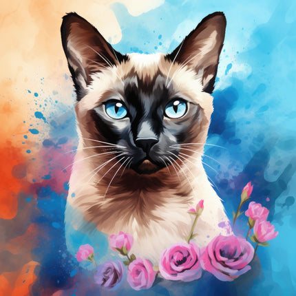A digitally printed 100% cotton fabric panel featuring a block image of a Siamese cat with blue eyes, surrounded by pink roses against a multicolored background.