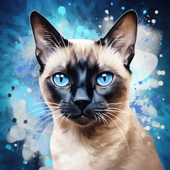 A digitally printed 100% cotton fabric panel featuring a close-up image of a Siamese cat with blue eyes on a blue background with splashes of white.