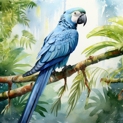 A digitally printed 100% cotton fabric panel featuring a blue and green macaw bird perched on a branch with a jungle background.
