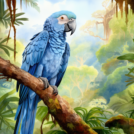 A digitally printed 100% cotton fabric panel featuring a blue macaw bird perched on a branch with a forest background.
