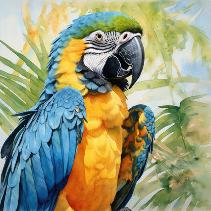Colorful parrot with blue and yellow feathers fabric panel