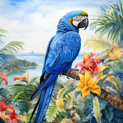 A digitally printed 100% cotton fabric panel featuring a blue Macaw bird perched on a branch with a tropical background, including green leaves and red flowers.