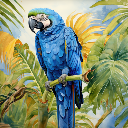 A digitally printed 100% cotton fabric panel featuring a blue macaw bird perched on a branch with green and yellow leaves in the background.
