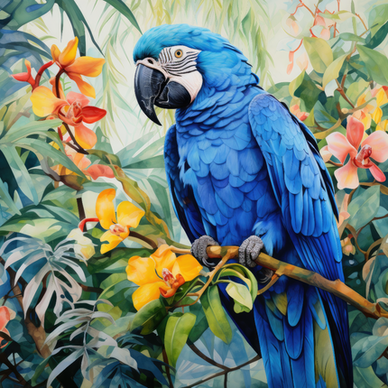 A digitally printed 100% cotton fabric panel featuring a blue macaw bird perched on a branch with colorful flowers in the background.