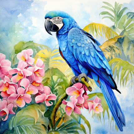 A digitally printed 100% cotton fabric panel featuring a blue macaw bird perched on a branch with pink flowers and green leaves in the background.