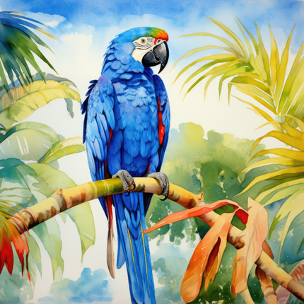 A digitally printed 100% cotton fabric panel featuring a blue macaw bird perched on a branch with green leaves in the background.