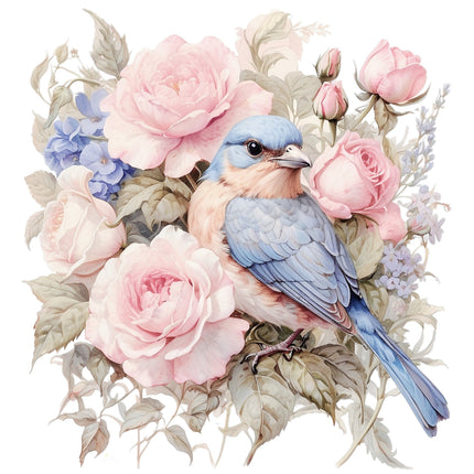 A fabric panel featuring a floral design with blue birds and pink roses