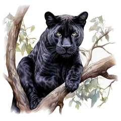 A digitally printed fabric panel featuring a black panther sitting on a tree branch with leaves in the background.