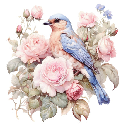 Floral Blue Bird 100% Cotton Fabric Panel Block Q5007