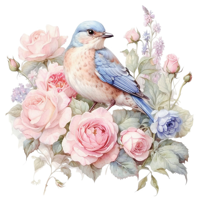 Floral Blue Bird 100% Cotton Fabric Panel Block Q5009