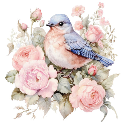 A fabric panel featuring a floral design with blue bird and pink roses 