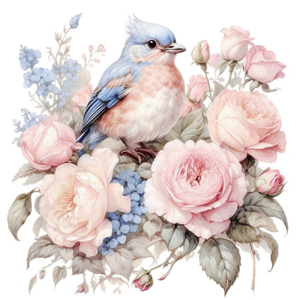 A fabric panel featuring a floral design with blue birds and various flowers such as roses.