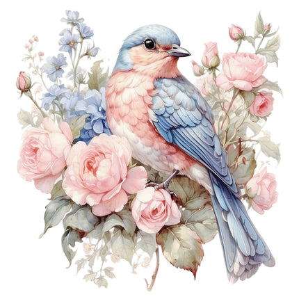 A fabric panel featuring a floral design with blue birds and pink flowers 