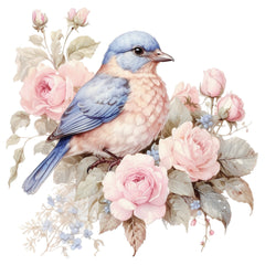 A fabric panel featuring a floral design with blue birds and pink flowers