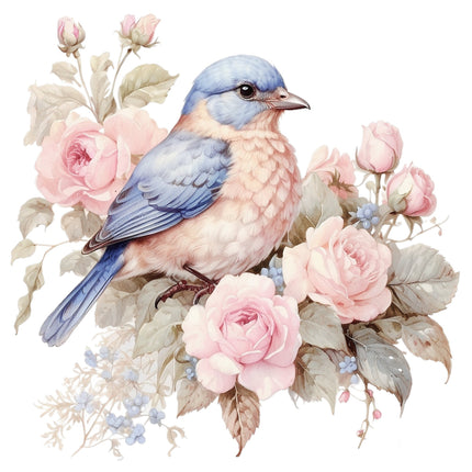 A fabric panel featuring a floral design with blue birds and pink flowers