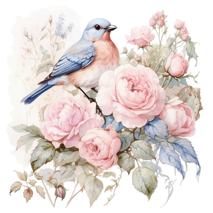 A fabric panel featuring a floral design with blue birds and pink roses on a white background.