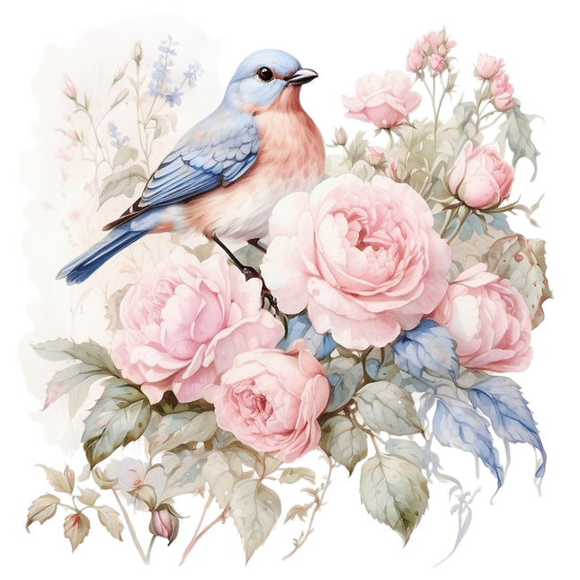 A fabric panel featuring a floral design with blue birds and pink roses on a white background.