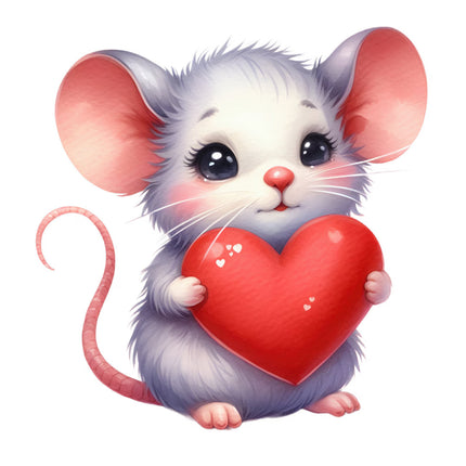 mouse holding a red heart quilt block