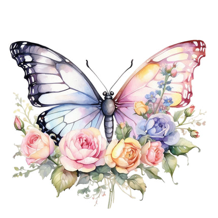 A fabric panel featuring a digitally printed floral butterfly design with a colorful butterfly 