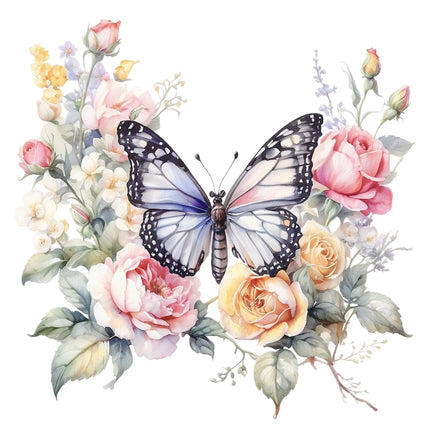 A fabric panel featuring a floral butterfly design with a variety of flowers such as roses in a quilt block format.
