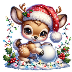 A digitally printed fabric panel featuring a cute deer with a Santa hat, surrounded by Christmas decorations and a snowball.
