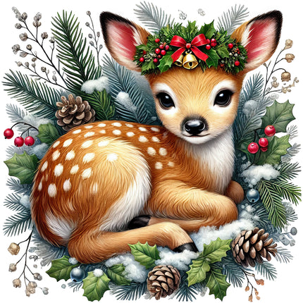 A digitally printed 100% cotton fabric panel featuring a cute deer with a Christmas wreath, surrounded by winter foliage and pinecones.