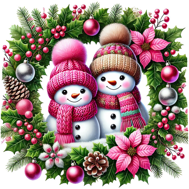 A fabric panel featuring two smiling snowmen with pink and brown hats, placed within a festive wreath design with green leaves, red berries, and silver ornaments.